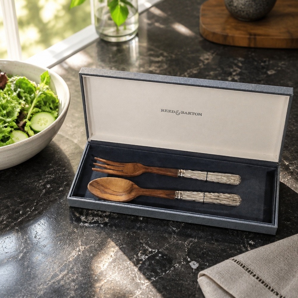 Reed & Barton Silver Plate and Wood Salad Serving Set in Original Box